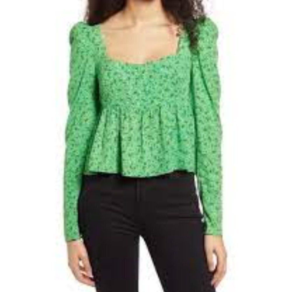 AFRM | Green Floral Long Sleeve Smocked Crop Top | Great Condition